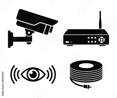 Security system equipment vector illustration with camera and router