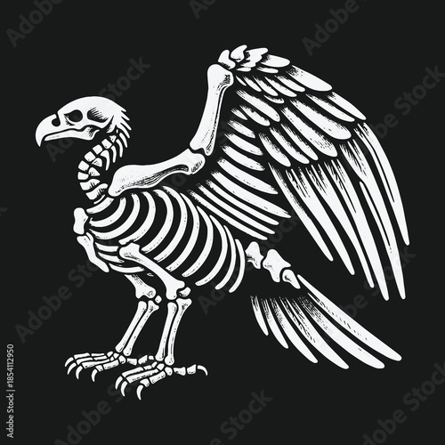 Monochrome Vulture Skeleton Illustration on a Black Background.