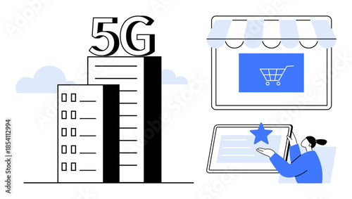 5G connectivity, e-commerce growth, online marketing, digital infrastructure, user experience, communication systems. Visuals of buildings with 5G, an online store, and a user interacting