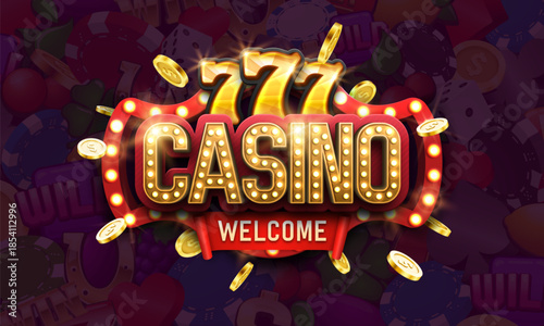 Casino logo with lucky sevens and golden coins. Vector illustration.
