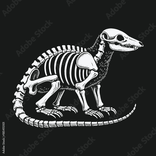 Monochrome scientific drawing of a complete rat skeleton.