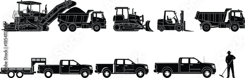 Road construction machinery silhouettes set featuring asphalt paver, dump trucks, loaders, pickup vehicles and worker for infrastructure engineering projects