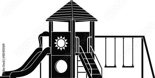 Children playground equipment silhouette featuring slide, swing set and play tower for park recreation and outdoor play design projects