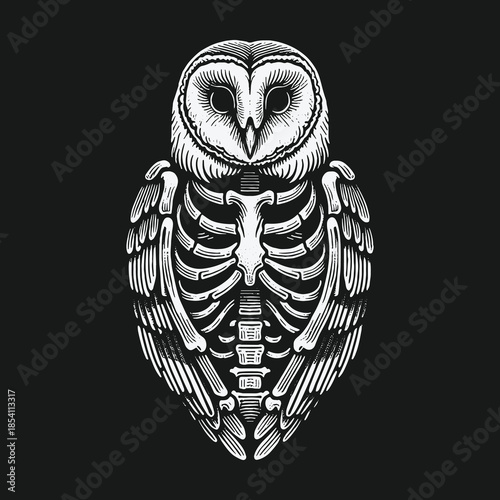 Monochrome Owl Skeleton Illustration in Vintage Engraving Style.