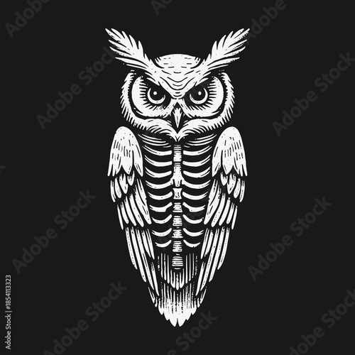 Gothic skeletal owl illustration in a vintage engraving style.