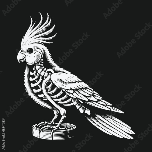 Detailed anatomical illustration of a cockatoo parrot with a visible skeleton.