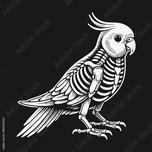 Anatomical Cockatiel Parrot with a Visible Skeleton Illustration.