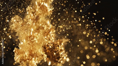 Abstract golden glitter particles falling against a dark background, creating a dazzling effect.