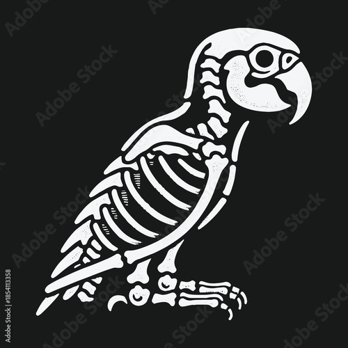 Stylized white parrot skeleton illustration on a solid black background.