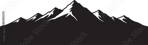 Black and White Stylized Mountain Range Vector Silhouette with Snowy Peaks Isolated