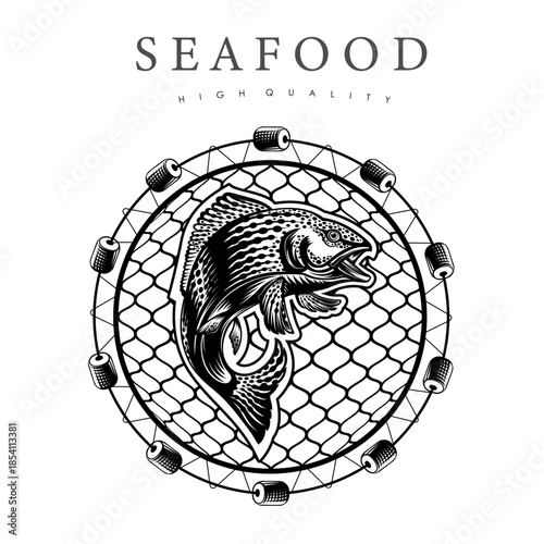 Salmon jumping vector emblem with fishing net background isolated on white. Design of label for canned fish and seafood [Converted].ai