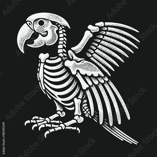 Monochrome hand drawn parrot skeleton anatomy vector illustration.