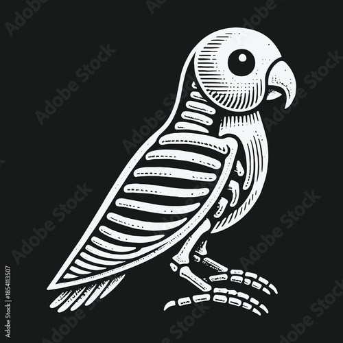 Stylized parrot skeleton illustration in a vintage engraving style.