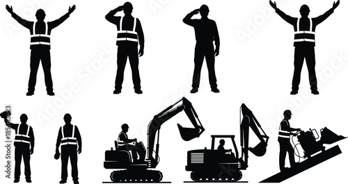 Construction worker and machinery silhouettes set featuring safety vest workers, excavators and road equipment for industrial engineering design projects