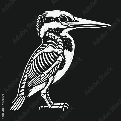 Kingfisher bird with visible skeleton anatomy illustration.