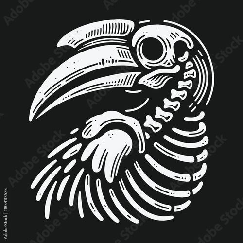 Monochrome bird skeleton illustration of a crow skull and ribcage.
