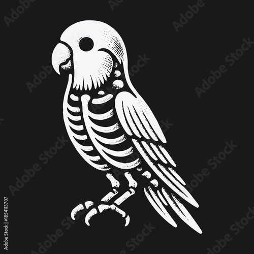 Monochrome parrot skeleton illustration on a dark background.