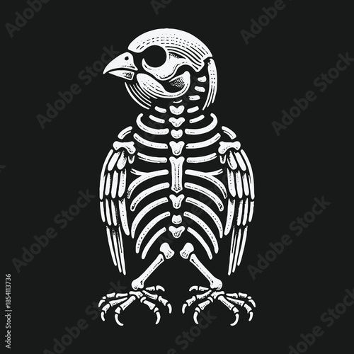 Vintage style bird skeleton anatomical drawing on dark background.