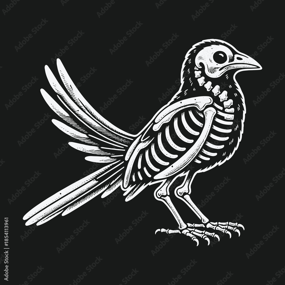 Fototapeta premium Detailed black and white illustration of a bird skeleton.