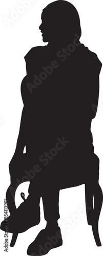vector,front view of a silhouette of a woman sitting on chair with her head covered and casual clothes, cross legged and looking away