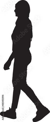 vector,side view of a silhouette of a woman walking with casual clothes with her head covered,