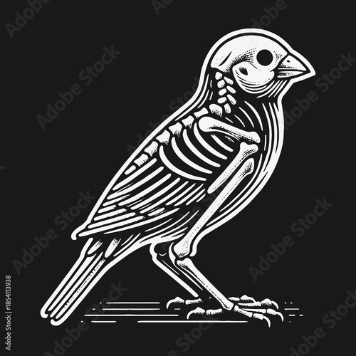 Stylized black and white illustration of a bird with a visible skeleton.