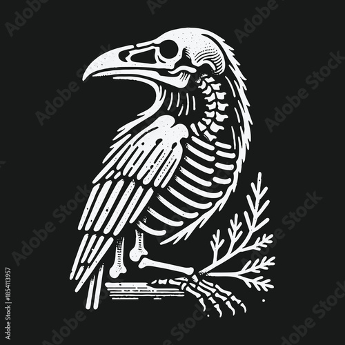 Gothic Raven Skeleton Bird Illustration on Black Background.