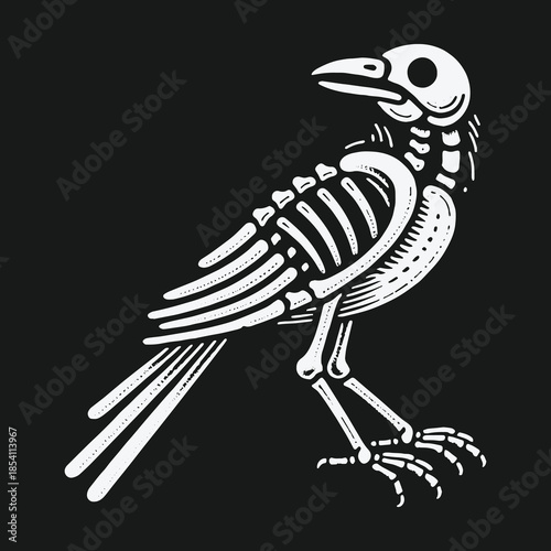 Gothic raven skeleton vector illustration on a black background.