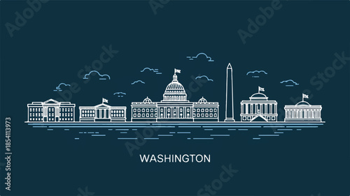 A minimalist line art illustration of Washington D.C.'s skyline against a dark teal background. 