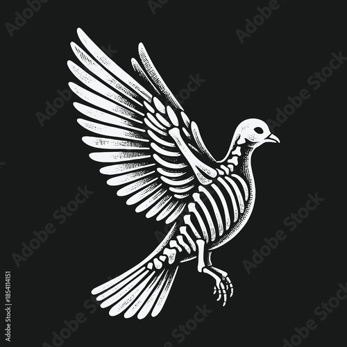 Gothic bird skeleton illustration of a flying dove on a black background.