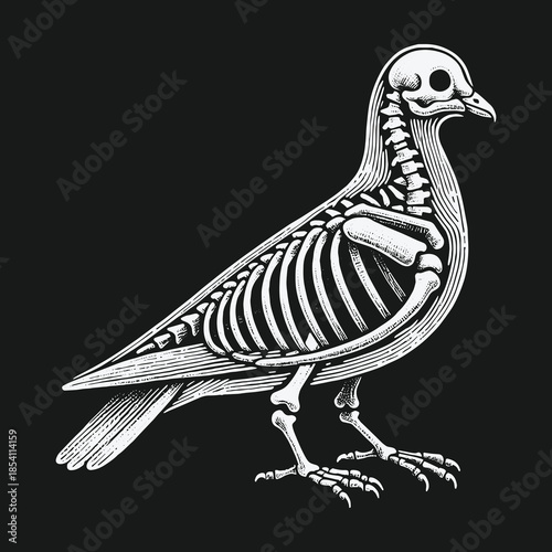 Stylized anatomical illustration of a pigeon with a visible skeleton.