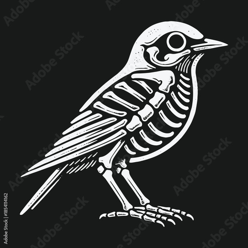 Stylized White Bird Skeleton Illustration on Black Background.