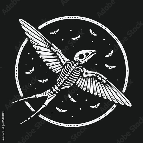 Gothic Illustration of a Flying Bird Skeleton with Moths.