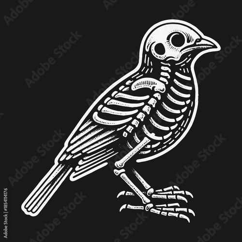 Monochrome illustration of a bird skeleton on a black background.