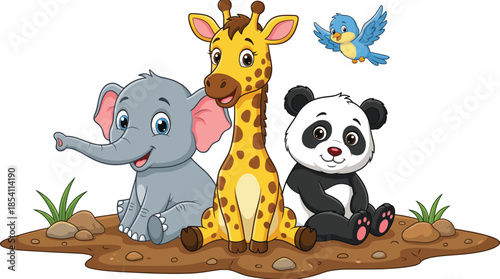 Cute cartoon safari animals elephant giraffe panda and bird sitting together isolated on white background kids illustration mascot vector art