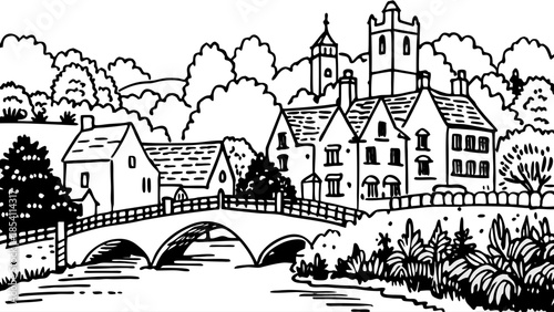 Very beautiful view of Castle Combe village in Wiltshire, featuring a stone bridge over the River Bybrook, charming cottages, and a perfectly preserved English countryside setting.