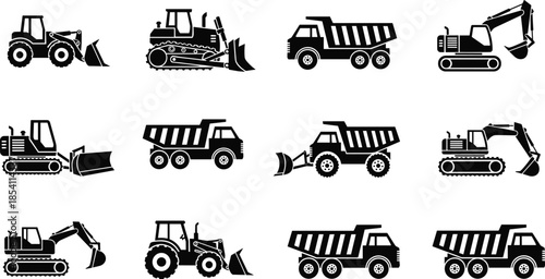 Construction machinery silhouettes set featuring excavators, bulldozers, wheel loaders and dump trucks for industrial engineering design projects