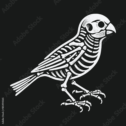 Monochrome bird skeleton vector illustration on dark background.