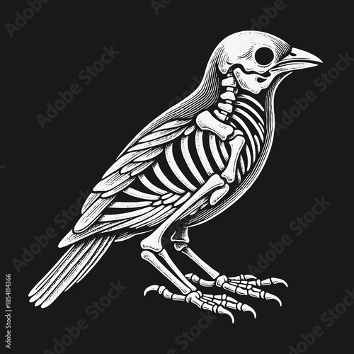 Detailed skeletal anatomy of a bird in a black and white illustration.
