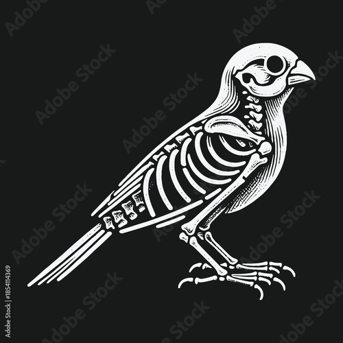 Stylized White Bird Skeleton Anatomy on Black Background.