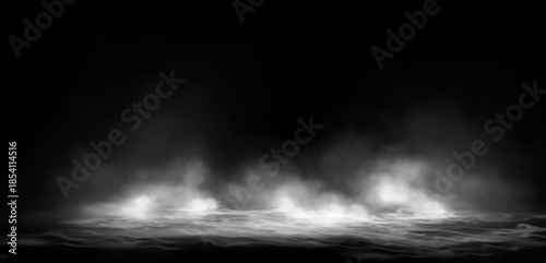 Gloomy sea night landscape. Thick fog, smoke, smog over the water surface at night. Light reflection over the water, waves. Night view. Vector illustration.