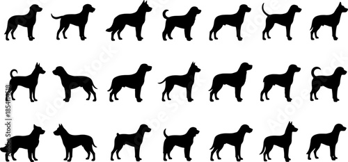Large collection of black dog silhouettes featuring various breeds and standing poses isolated on a white background, perfect for pet industry branding and animal graphics.