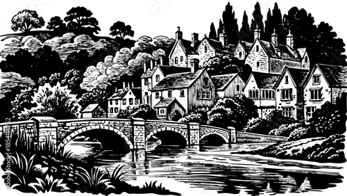 Very beautiful view of Castle Combe village in Wiltshire, featuring a stone bridge over the River Bybrook, charming cottages, and a perfectly preserved English countryside setting.