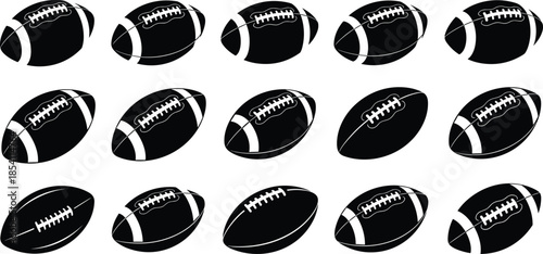 American, football, ball, silhouette, set, gridiron, sports, equipment, icons, black, vector, illustration, collection, isolated, design, elements, athletic, game, branding, graphics