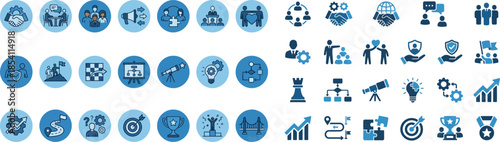 Collection of diverse blue business and finance icons presented in circular graphic elements suitable for presentations or website design