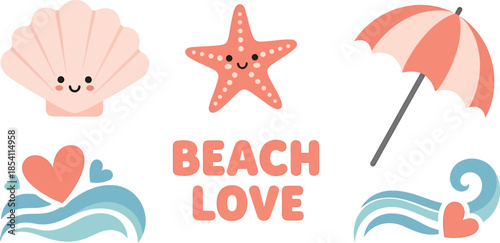 Beach themed illustration with cartoon elements and love