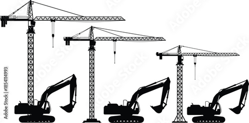 Tower crane and excavator silhouettes set featuring heavy construction machinery for industrial engineering, building development and infrastructure design projects