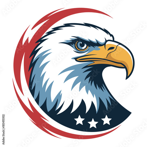 Bald eagle head logo side view patriotic american symbol with stars and swoosh swoosh logo animal icon usa flag red white blue vector drawing 180