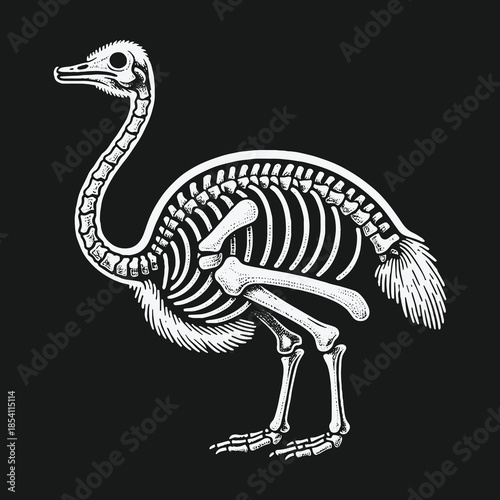 Vintage anatomical illustration of an ostrich skeleton on a black background.