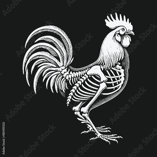 Anatomical illustration of a rooster showing its skeletal structure.